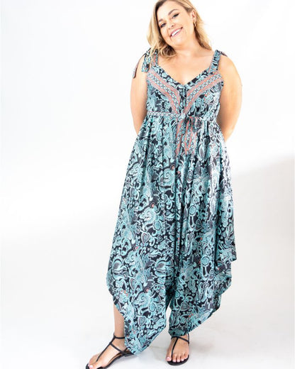 Double Tie Jumpsuits - Black and Turquoise