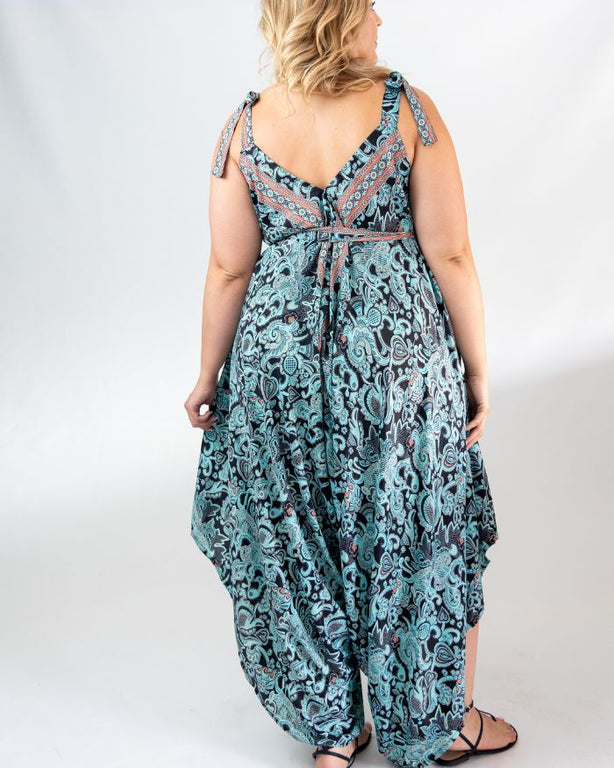 Double Tie Jumpsuits - Black and Turquoise